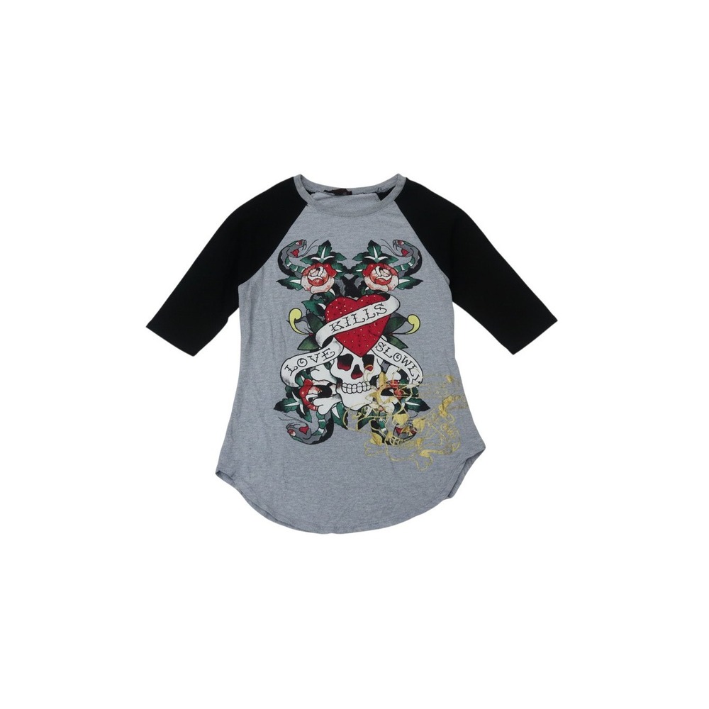 Ed Hardy Raglan T-Shirt Womens S Gray Love Kills Slowly Skull Graphic Tee